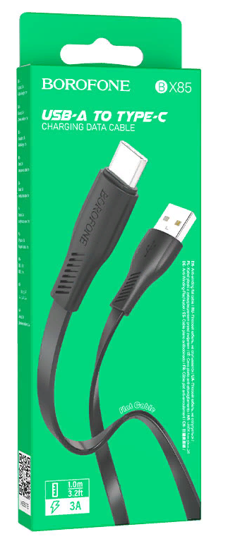 Кабель Type-C BOROFONE B-X85, 3А, 1 м, плоский кабель (Чёрный) Кабель Type-C BOROFONE B-X85, 3А, 1 м, плоский кабель