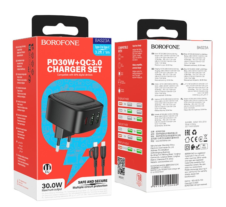 Блок питания сетевой 2 USB, 1 Type-C Borofone BAS23A, Lucky, 30Вт, PD, QC, AFC, FCP, кабель Type-C, Type-C, 1.0м, цвет: чёрный