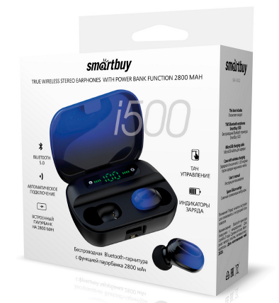Беспроводные наушники Smartbuy  i500, Touch, Power Bank 2800mAh  (сенсорные) TWS (Черно-синий)