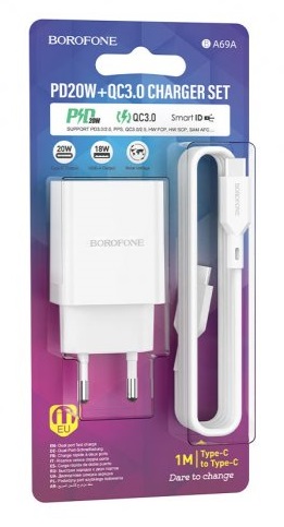 Блок питания сетевой 1 USB, Type-C Borofone BA69A, Power, 3000mA, 20Вт, QC3.0, PD3.0, кабель Type-C, цвет: белый