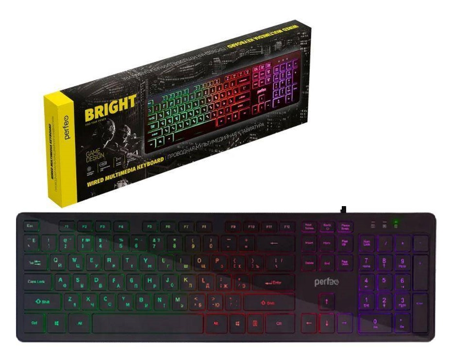 Perfeo клавиатура "BRIGHT", GAME DESIGN, низкие кн.,подсветка, USB, чёрный
