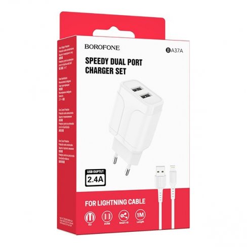 Блок питания сетевой 2 USB Borofone BA37A, 2.4A, 12Вт, кабель 8 pin, цвет: белый