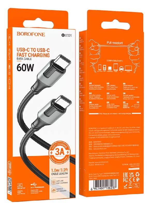 Кабель Type-C - Type-C Borofone BX101 Creator, 1.0м, 3A, 60Вт, цвет: чёрный, серая вставка