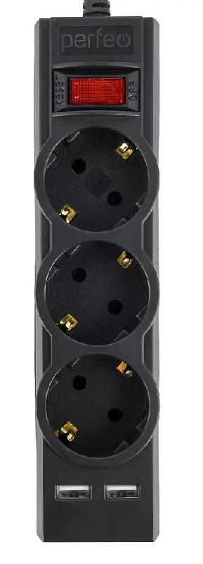 Perfeo сетевой фильтр "POWER-S", 3,0м, 3 розетки 10А, 2USB, 2500 Вт, двойная защита, черный.