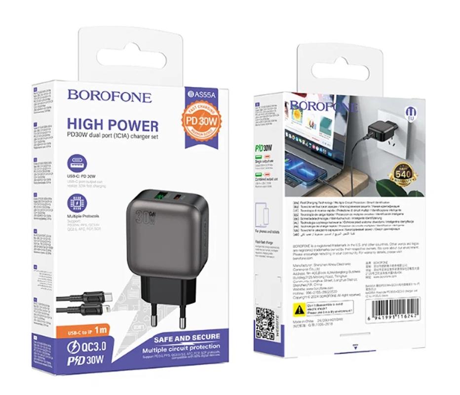 Блок питания сетевой 1 USB, 1 Type-C Borofone BAS55A, Absolute, 5V, 3.0A, PD30W/QC3.0, кабель 8 pin, 1.0м, цвет: черный