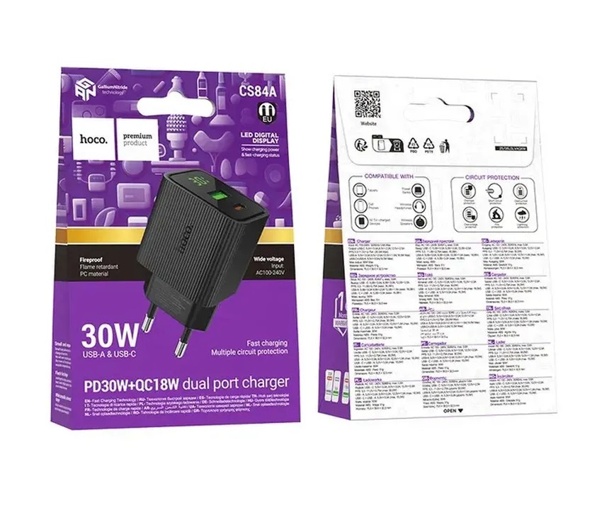 СЗУ Hoco CS84A  USB+USB-C  18W+PD30W с дисплеем (Чёрный)