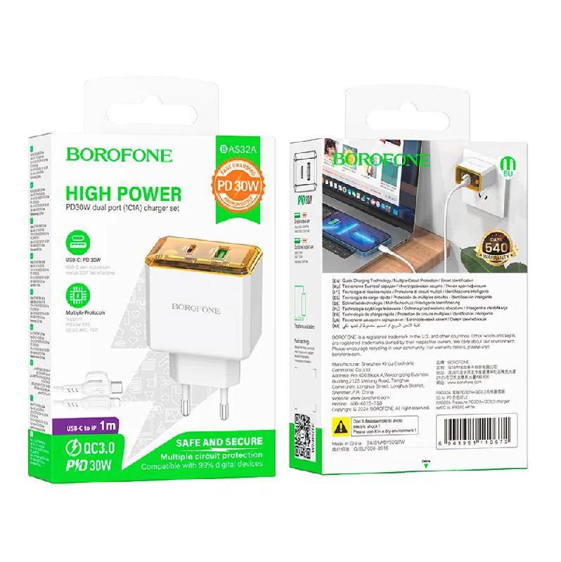 Блок питания сетевой 1 USB, 1 Type-C Borofone BAS32A, Treasure, 5V, 3.0A, 30Вт, PD, QC 3.0, кабель Type-C, 8-pin, 1.0м, цвет: белый