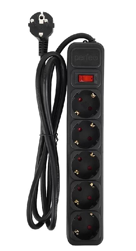 Perfeo сетевой фильтр "REAL POWER", 5,0м, 5 розеток, 16А, 3500 Вт, тройная защита, черный.