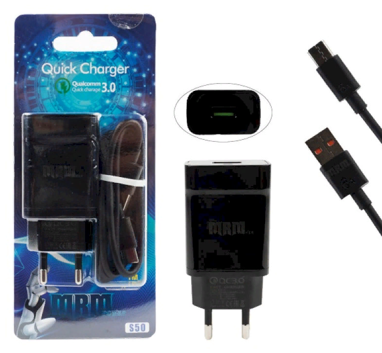 Сетевое зарядное устройство TYPE-C с USB 3А, Q.C3.0 КОМПЛЕКТ (блок+кабель) MRM S50t 1м (Чёрный)
