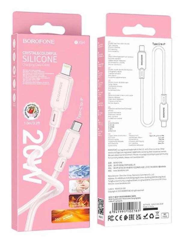 Кабель Type-C - 8 pin Borofone BX94 Crystal Color, 1.0м, цвет: розовый