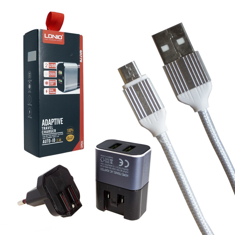 Комплект LDNIO Cетевое зарядное устройство + кабель  micro-USB, 2USB, 2.4A   A2206 1м (Черно-серый)