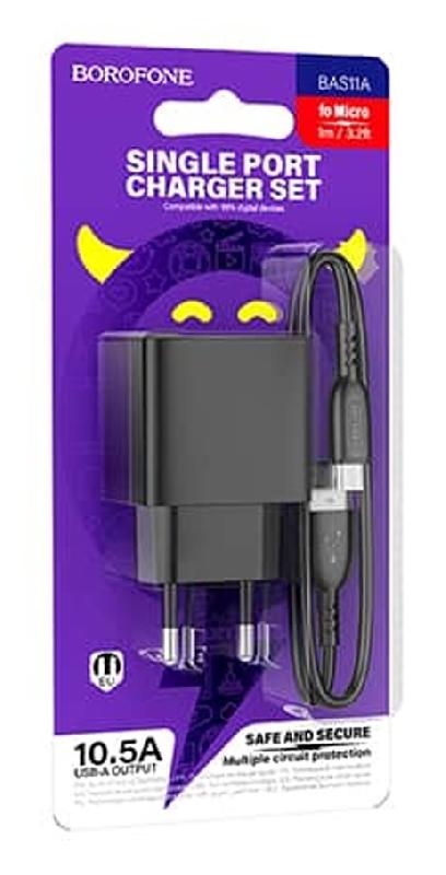 Блок питания сетевой 1 USB Borofone BAS11A, Erudite, 5V/2.1A, кабель USB - микро USB, 1.0м, цвет: чёрный