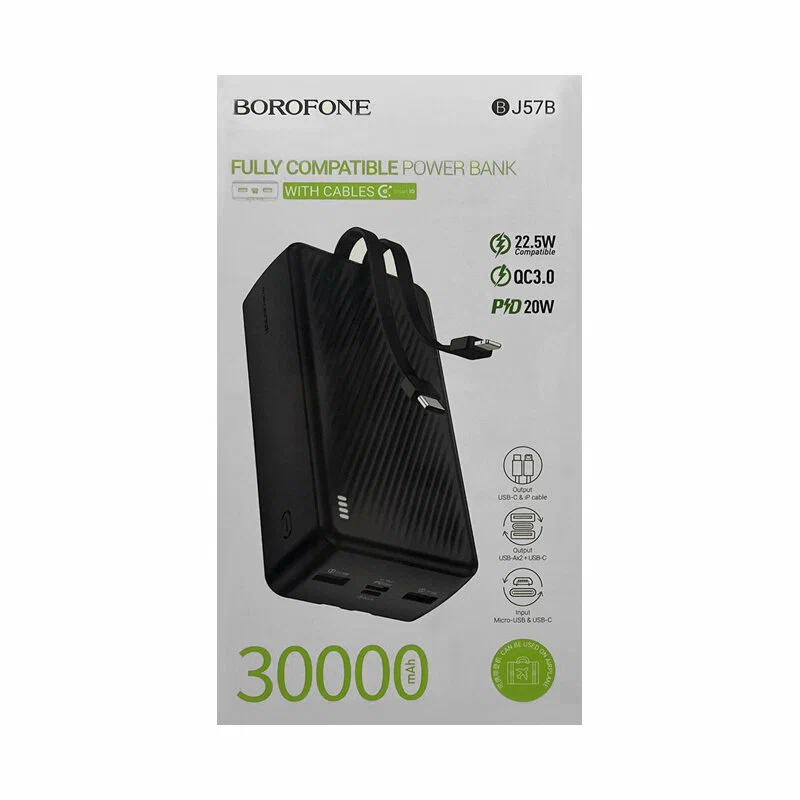 Портативный аккумулятор BOROFONE B-J57B 30000 mAh 2USB+USB-C 22.5W встроенн. кабели (Чёрный)