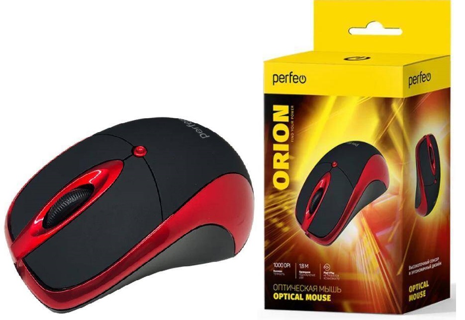 Perfeo мышь оптическая "ORION", 3 кн, DPI 1000, USB, чёрн/красн