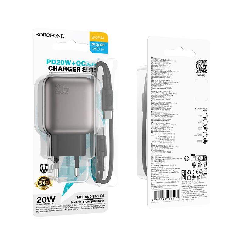 Блок питания сетевой 1 USB, Type-C Borofone BAS54A, Absolute, 20Вт, PD20W/QC3.0/FCP/AFC, кабель Type-C-Type-C, 1,0м/60W, цвет: чёрный