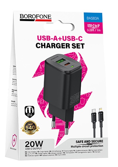 Блок питания сетевой 1 USB, 1 Type-C Borofone BAS83A, Star, 20 Вт, PD/QC/FCC/AFC, кабель 8 pin-Type-C, 1,0 м, цвет: чёрный