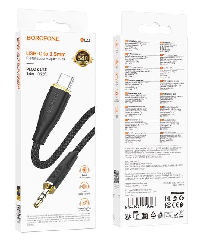 Кабель AUX, Type-C(m) - Jack 3,5mm(m) Borofone BL23, Refinado, 1.0м, цвет: чёрный