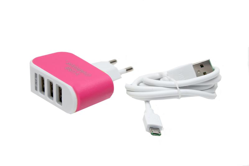 Сетевое зарядное устройство  Micro с 3 USB (3100mAh) в коробке, КОМПЛЕКТ (блок+кабель) (Розовый)