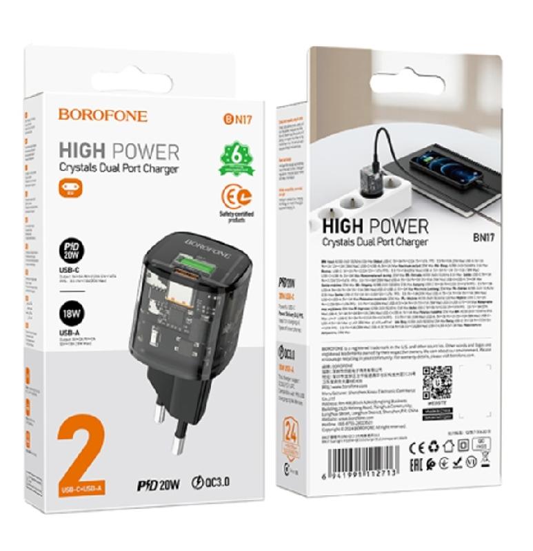 Блок питания сетевой 1 USB, 1 Type-C Borofone BN17, Sunlight, PD20W, QC3.0, цвет: чёрный