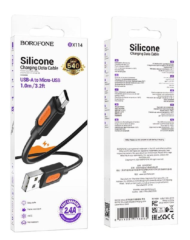 Кабель USB - микро USB Borofone BX114 Structure, 1.0м, 2.4A, цвет: чёрный