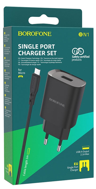 Блок питания сетевой 1 USB Borofone BN1, 2100mA, кабель микро USB, цвет: чёрный