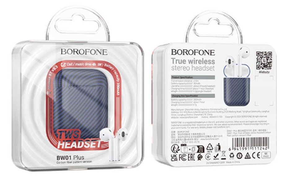 Наушники внутриканальные Borofone BW01 Plus, Bluetooth, TWS, цвет: синий, карбон