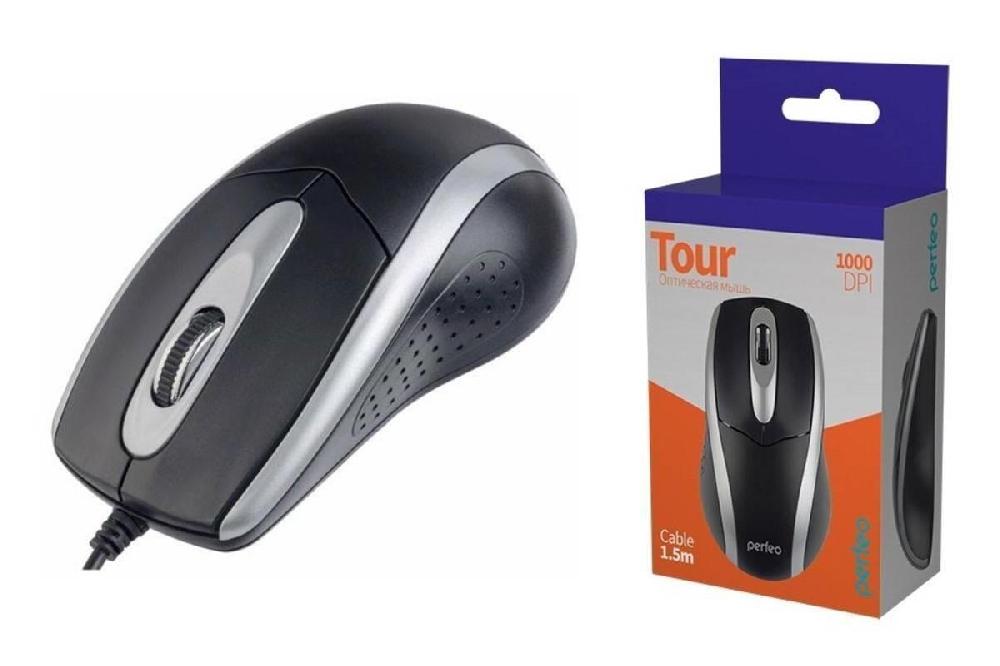 Perfeo мышь оптическая "TOUR", 3 кн, DPI 1000, USB, чёрн/серебр