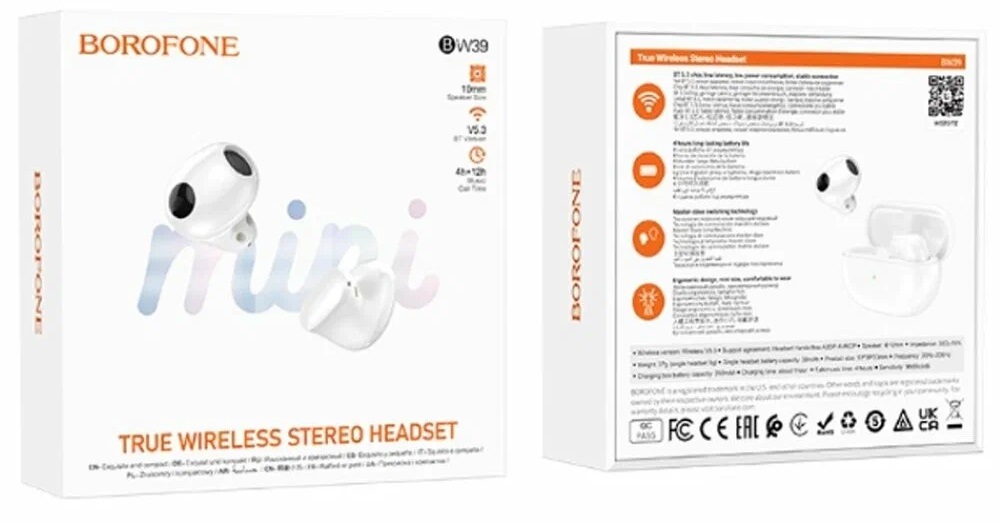 Наушники внутриканальные Borofone BW39, Enjoy, Bluetooth, TWS, цвет: белый