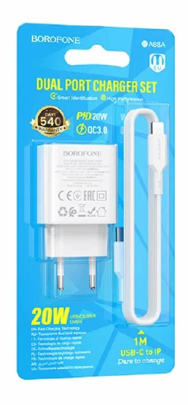 Блок питания сетевой 1 USB, Type-C Borofone BA88A, Navy, QC3.0, PD 20Вт, кабель 8 pin-Type-C, 1,0 м, цвет: белый