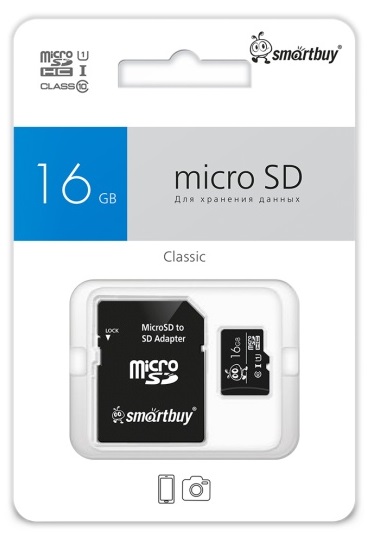 micro SDHC карта памяти Smartbuy 016 ГБ UHS-1, серия Blue, с адаптером SD