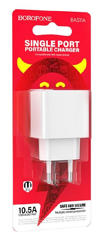 Блок питания сетевой 1 USB Borofone BAS11A, Erudite, 5V/2.1A, 10.5Вт, цвет: белый