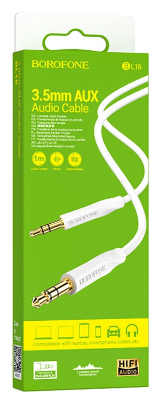 Кабель AUX, Jack 3,5mm(m) - Jack 3,5mm(m) Borofone BL16, 1.0м, цвет: белый