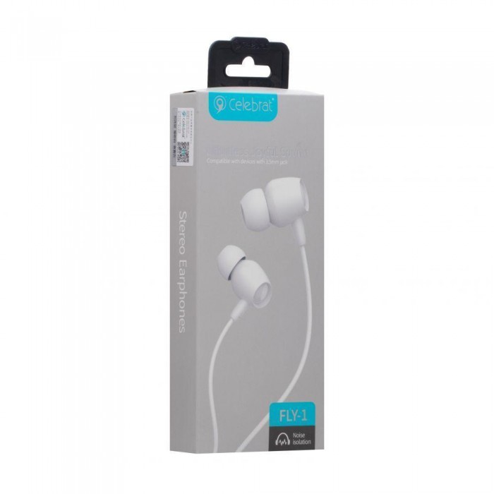 Наушники MP3  Celebrat FLY-1 c микрофоном  (упаковка - коробка) круглый провод (Белый)