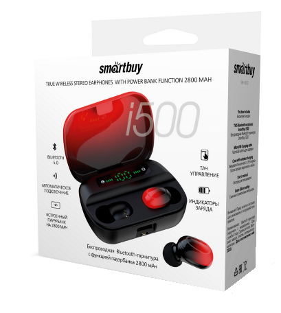 Беспроводные наушники Smartbuy  i500, Touch, Power Bank 2800mAh  (сенсорные) TWS (Черно-красный)