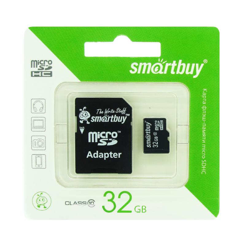  Карта памяти micro SD 32 Gb SmartBuy  Class 10  (с адаптором SD)  