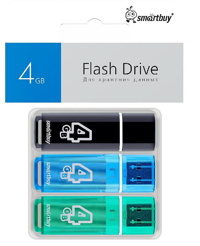 Комплект 3 шт USB 2.0 накопителей Smartbuy 004 ГБ серия Glossy Черный+Синий+Зеленый