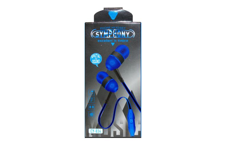 Наушники MP3  SYMPHONY CY-034 плоск. шнур c  микрофоном  (упаковка коробка) (Синий)