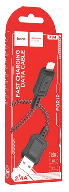 Кабель lightning 5/5S/6/6S 8 pin, HOCO Х94, 1 метр, 2.4A текстильный кабель, пластик.нак. Data cable (Черно-красный)