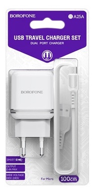 Блок питания сетевой 2 USB Borofone BA25A, 2400mA, 3000mA, кабель микро USB, цвет: белый