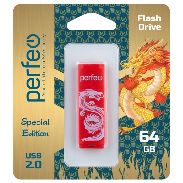 Накопитель USB Flash 64GB 2.0 Perfeo C04 (Красный, Dragon)