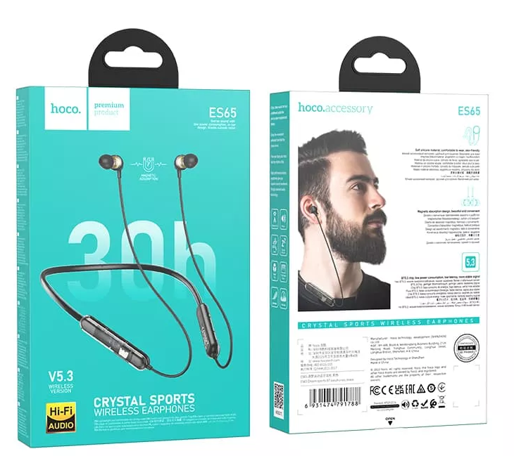 Беспроводные стереонаушники HOCO ES65  bluetooth (с микрофоном) Sports, магнит.уши (Чёрный)