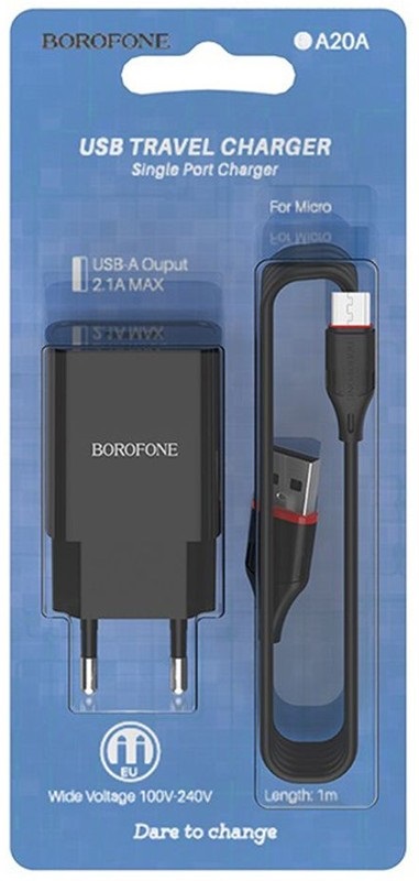 Блок питания сетевой 1 USB Borofone BA20A, Sharp, 2100mA, кабель микро USB, цвет: чёрный