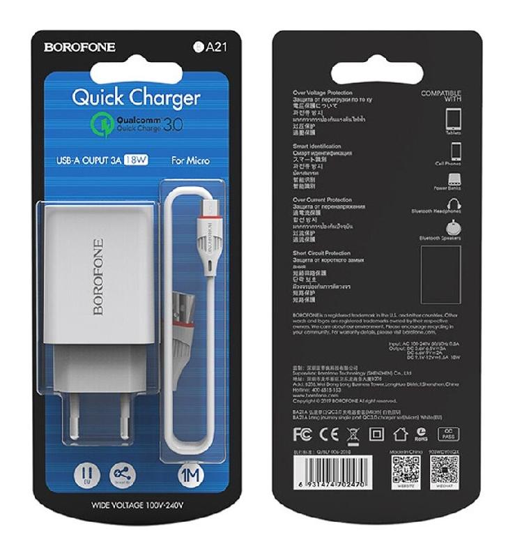 Блок питания сетевой 1 USB Borofone BA21A, Long, 3000mA, 18Вт, QC3.0, QC2.0, FCP, AFC, кабель микро USB, цвет: белый