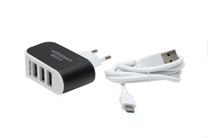 Сетевое зарядное устройство  Micro с 3 USB (3100mAh) в коробке, КОМПЛЕКТ (блок+кабель) (Чёрный)