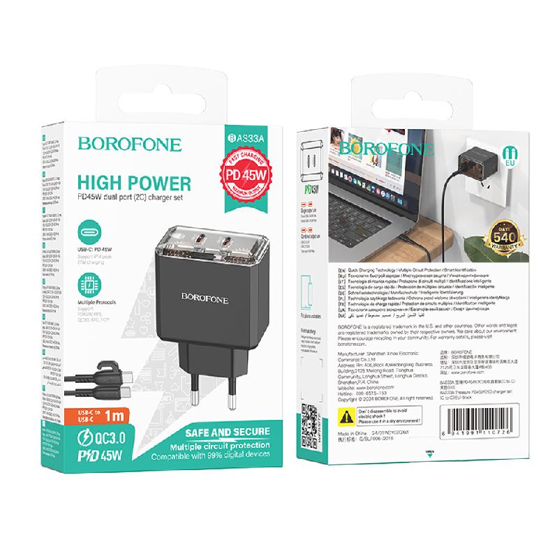 Блок питания сетевой 2 Type-C Borofone BAS33A, Treasure, PD 45Вт, кабель Type-C, 1.0м, цвет: черный