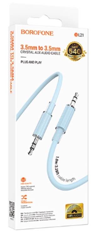 Кабель AUX, Jack 3,5mm(m) - Jack 3,5mm(m) Borofone BL21, Lemon, 1.0м, цвет: синий