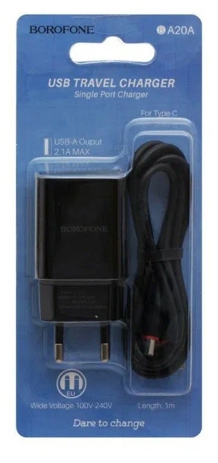 Блок питания сетевой 1 USB Borofone BA20A, Sharp, 2100mA, кабель Type-C, цвет: чёрный