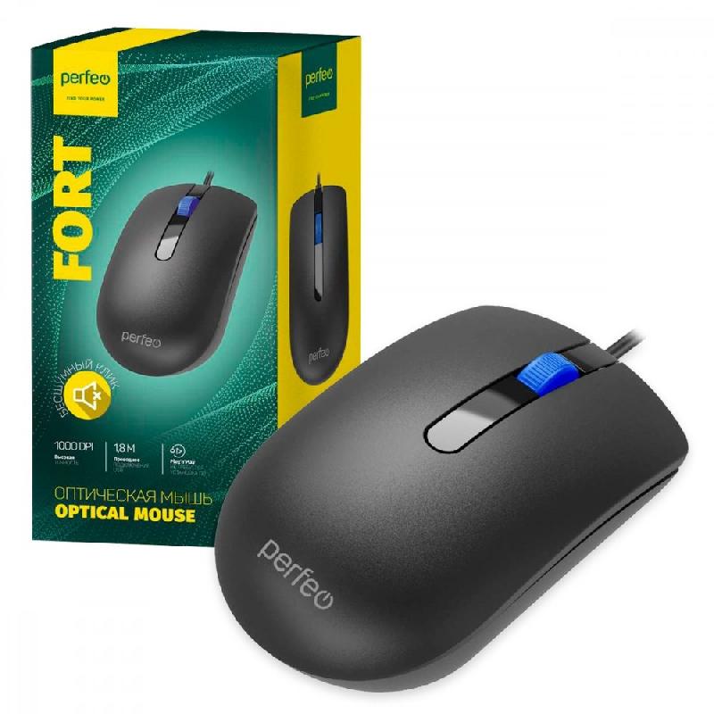 Мышь оптическая  провод.USB Perfeo "FORT" 3кн, бесшумн, DPI 1000  (Чёрный)