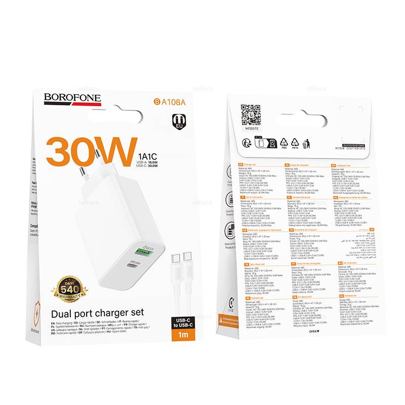 Комплект BOROFONE BA108A USB+USB-C QC3.0+PD30W + кабель Type-C to Type-C, 1м (Белый)