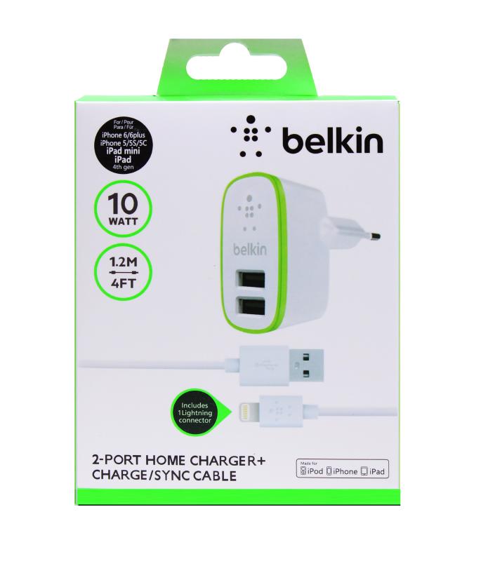 Сетевое зарядное устройство  iPhone 5s/5с с 2USB 2.1А в коробке, КОМПЛЕКТ (блок+кабель) Belkin с подсветкой (Белый)